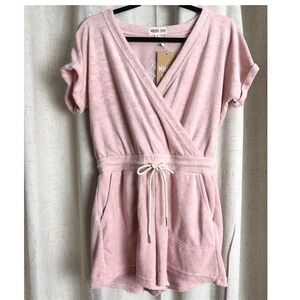 Malibu Bum Pink Terry Cloth Romper Surplice Wrap Drawstring Womens Medium